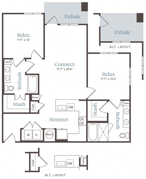 Floor plan for 2 beds, 2 baths, 1134 sqft